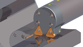 Bild 1: Modulares Werkzeug mit auswechselbarer Kassette zum Stoßen eines Innenmehrkants. Zwei kleinere Schneidplatten sorgen für die gewünschte Schnittkraftunterteilung.  (Bild: Horn)