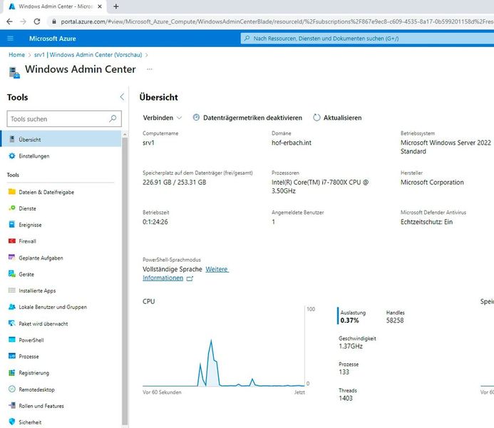 Das Windows Admin Center im Azure-Portal entspricht dem von lokalen Versionen. Es lassen sich aber keine Erweiterungen installieren. (Bild: Joos - Microsoft)