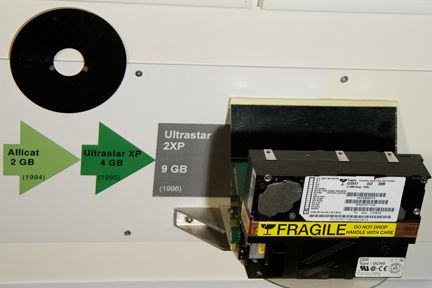 1996: 3,5-Zoll-Festplatte Ultrastar 2XP mit 9 GByte Speicherkapazität für das Plattensystem RAMAC 3. Der Vorgänger war 1994 die Alicat mit 2 GByte für die RAMAC 1 und 1995 die Ultrastar XP mit 4 GByte für die IBM RAMAC 2. (Archiv: Vogel Business Media)