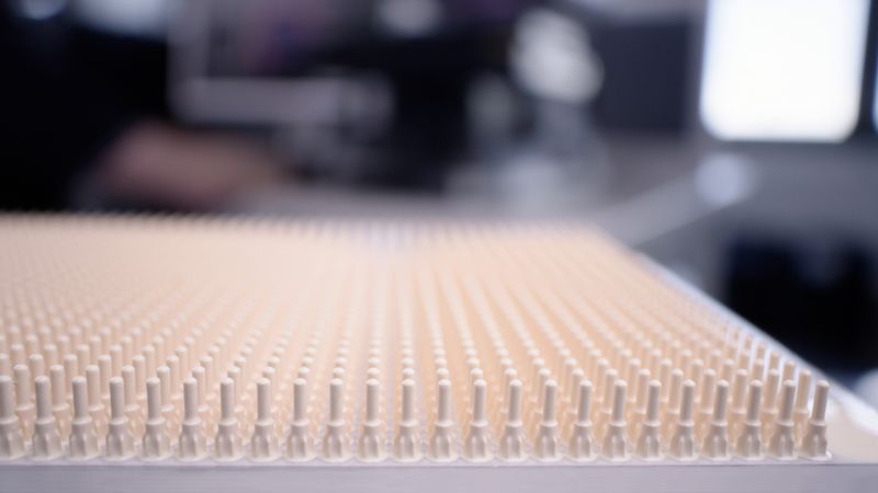 Präzision in Serie: Mit einer Höhe von nur 3,65 mm und einer komplexen Geometrie, die nur mittels additiver Fertigung realisiert werden kann, sorgte diese keramische Isolierhülse in der Keramik 3D-Druck Branche für Aufsehen. Im Bild sind 1.400 Grünteile auf einer Bauplattform zu sehen. (Bild:  Sinto Advanced Ceramics Europe GmbH)
