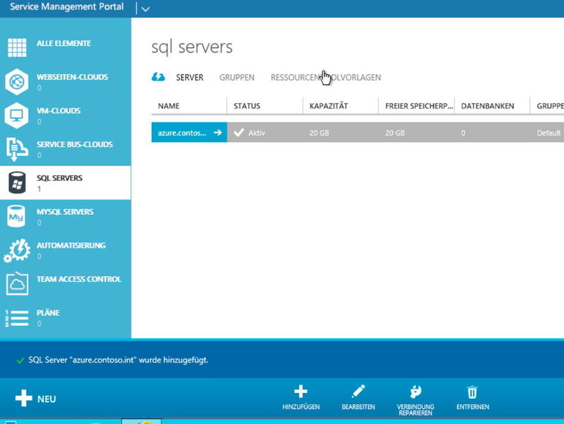 Alle registrierten „SQL-Server“ erscheinen im Portal. Hier ist auch zu sehen, ob der Server aktiv ist und funktioniert. Außerdem ist die Anzahl der Datenbanken zu sehen, die dieser Server in der Cloud bereitstellt. (Joos)