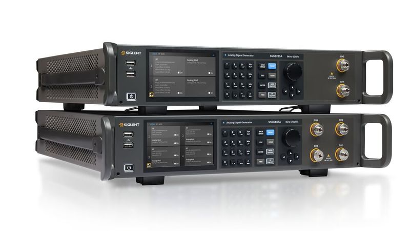 HF-Signalgenerator-Portfolio von Siglent: Der SSG6089A deckt Frequenzen bis 67 GHz ab, die SSG6M80A-Serie bietet zwei oder vier phasenkohärente Kanäle bis 20 GHz.(Bild:  Siglent)