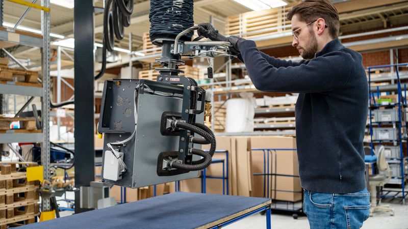 Ergonomische Palettierung: Der Heavylift 80 kg mit einem Seitenlifter hebt den Gebläsekonvektor vom Prüftisch und ermöglicht das sichere Umsetzen auf Palette oder Rollenbahn. (Bild: Timmer GmbH)