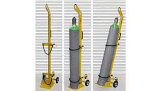 Der Gasflaschen-Heber GFH eignet sich für alle handelsüblichen CO2/O2/Acetylen und anderen Gas- oder Mischgasflaschen mit 204 bis 239 mm Durchmesser und 1515 bis 1700 mm Länge (inklusive Kappe). (Bild: Tiger Hebezeuge)