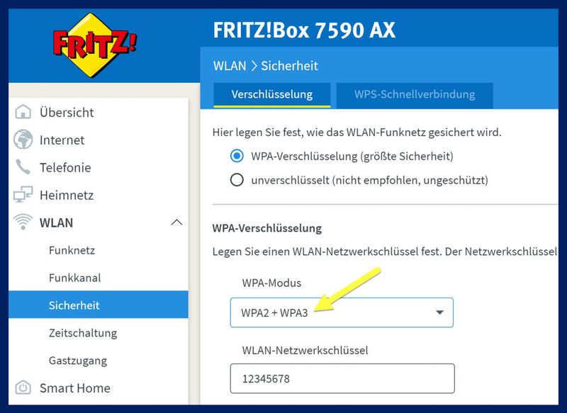 Abbildung 20: Die Fritzbox 7590 AX kann ihren WLAN-Clients schon seit Markt-Start 06-2021 den WPA2-Only und den WPA2+WPA3-Mixed-Modus anbieten. Und zwar auf beiden Bändern, bei 2,4 und bei 5 GHz. (Bild: Harald Karcher / AVM)