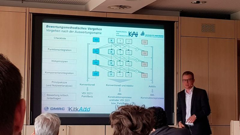 Thomas Künneke vom DMRC referierte über die Anpassung bestehender Konstruktionsmethoden an die additiven Fertigungsverfahren. Dabei zeigte er ein bewertungsmethodisches Vorgehen auf, um Bauteile für die additive Fertigung zu identifizieren. (D.Quitter/konstruktionspraxis)