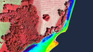 Abb. 1: Aus Luftbildern – hier vom Westufer des Starnberger Sees – lesen Wissenschaftler heraus, wie stark bestimmte Wasserpflanzen verbreitet sind. Diese Informationen geben Aufschluss über die Wasserqualität (blau: unbewachsenes Sediment, grün und gelb: spärliche Vegetation, rotbraun: dichte Vegetation). (Bild: Landesamt für Vermessung und Geodäsie)