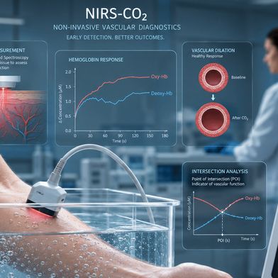 NIRS-CO₂ misst die Gefäßreaktion auf CO₂-angereichertes Wasser und könnte Gefäßveränderungen früher anzeigen als etablierte Funktionstests. (Bild: G. Deußing / KI-genriert )