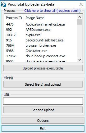 Die installierte Desktop-App von VirusTotal mit einer Auflistung der Prozesse und den Optionen für den Upload (Prozess, Datei und URL). (R. Dombach)