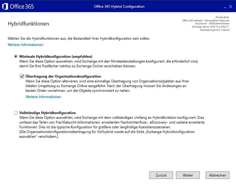 Die Auswahl der Hybridfunktionen unterscheidet die minimale Konfiguration für die Postfachmigration von der vollständigen Konfiguration mit Rich-Coexistence-Funktionen, darunter Frei/Gebucht-Informationen und erweiterter Nachrichtenfluss. (Bild: Joos - Microsoft)