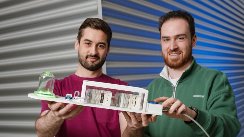 Auf der Hannover Messe zeigt das Forschungsteam von Professor Paul Motzki einen Vakuumpumpen-Prototyp mit Doppel-Folienantrieb. Doktorand Daniel Philippi (links) und Student Lukas Roth (rechts) forschen mit an der smarten Folientechnologie.(Bild:  Oliver Dietze)