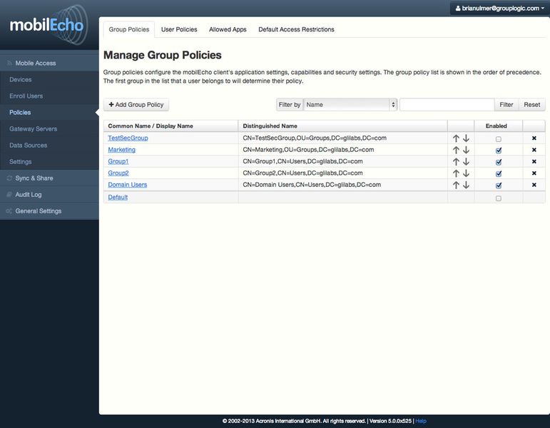 Hier werden die Group Policies definiert. (Acronis)
