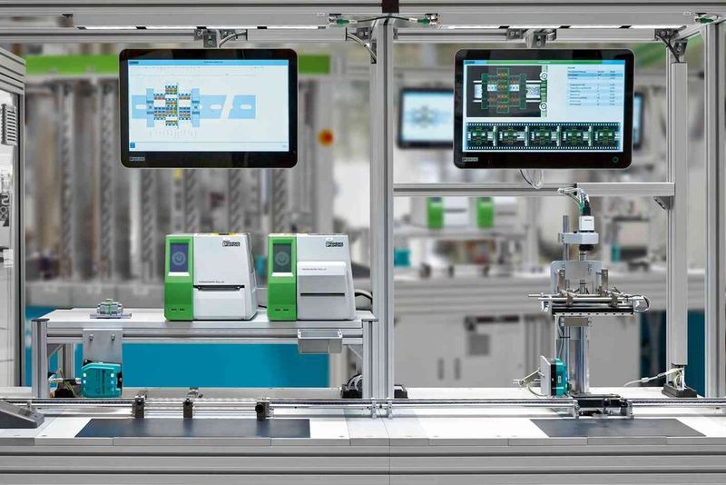 Industrie 4.0: Einfache Bedienung über Multitouch-fähige Assistenzsysteme: Teil des Industrie-4.0-Demonstrators, den Phoenix Contact präsentiert hat, ist ein Handarbeitsplatz. Hier werden die Beschriftungsschilder für die individuell konfigurierten Klemmenleisten automatisch gedruckt und manuell auf die Klemmen aufgebracht. Dabei bekommt der Mitarbeiter visuelle Unterstützung durch ein Assistenzsystem. Auf dem Display eines Panel-PCs wird ihm angezeigt, wo genau die Beschriftungen anzubringen sind. (Phoenix Contact)