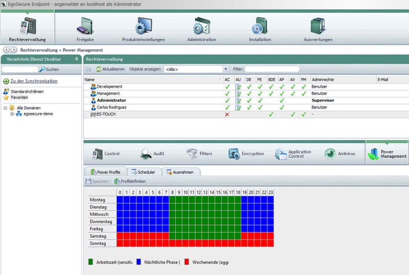 Im Power-Management-Modul von EgoSecure Endpoint lassen sich verschiedene Betriebszeiten definieren, in denen Systeme zur Arbeit genutzt werden oder nicht. (Bild: EgoSecure)