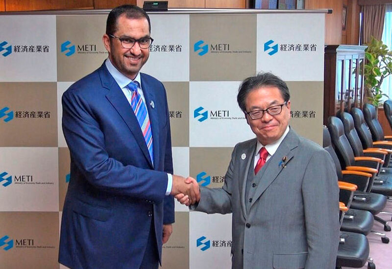 His Excellency Dr Sultan Ahmed Al Jaber, UAE Minister of State and Group CEO of Adnoc recently met with Japan’s Hiroshige Seko, Minister of Economy, Trade and Industry. (Adnoc)