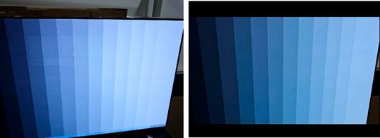 Bild 1: Das Bild links zeigt den Burn-in-Effekt. Das rechte Bild zeigt, wie der Burn-in-Effekt durch intelligente Kompensationsalgorithmen repariert wird, die die Helligkeit dynamisch anpassen.(Bild:  Data Modul)