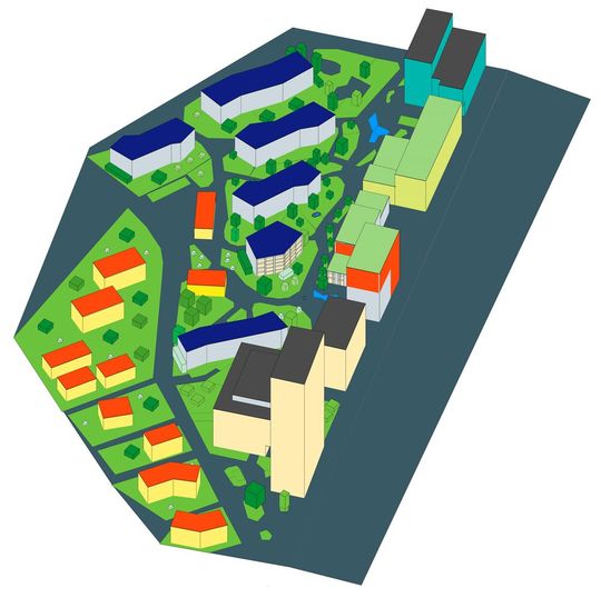 Quartier (in Anlehnung an die Suurstoffi, Rotkreuz) mit Gebäuden, Strassen, Wegen, Grün- und Wasserflächen sowie Bäumen als 3DModell Quartier (in Anlehnung an die Suurstoffi, Rotkreuz) mit Gebäuden, Strassen, Wegen, Grün- und Wasserflächen sowie Bäumen als 3DModell