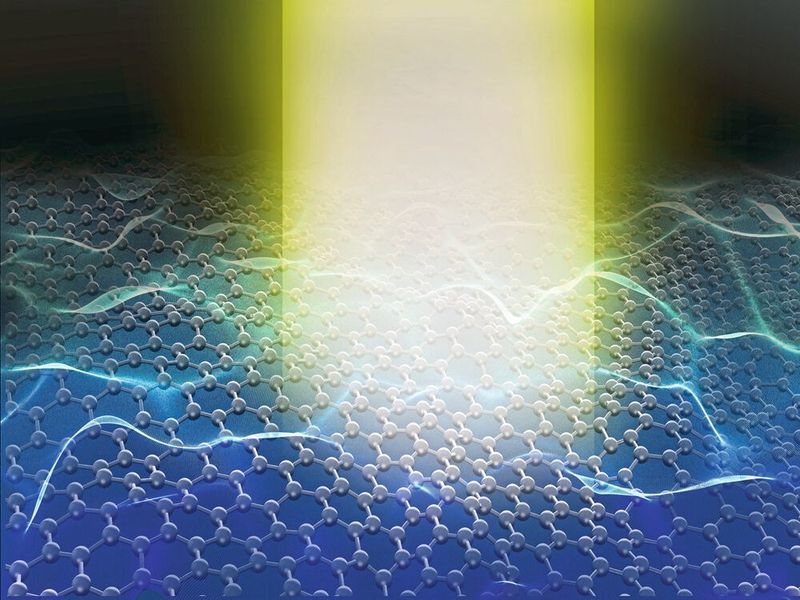 Schematische Darstellung von lokalen Gitterschwingungen in Graphen, die durch eine Wellenfront von übertragenen schnellen Elektronen angeregt werden. (Ryosuke Senga, AIST)