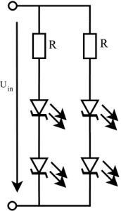 Bild 1: Das Angleichen der LED-Ströme kann im einfachsten Fall durch Vorwiderstände erfolgen. Allerdings zeigt dieser Ansatz hohe elektrische Verluste. (KIT Karlsruhe)