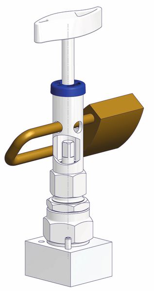 Anti-Tamper Valve Head Options – AT-Key Lock Design: In the AT-Key Lock Design, the valves are operated using a built-in T Handle Key. This key can be retracted slightly from the valve head unit, thereby disconnecting the stem from the key. With the key retracted, it is then possible to insert a padlock crosswise through the valve head unit. (Picture: Armaturenfabrik Franz Schneider)