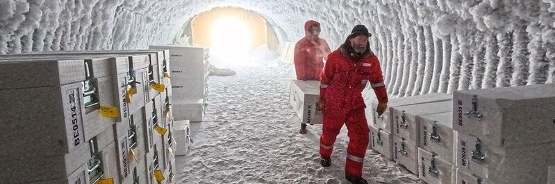 Forscher in der Antarktis bereiten in Stücke geschnittene Eiskerne für den Transport nach Europa vor.