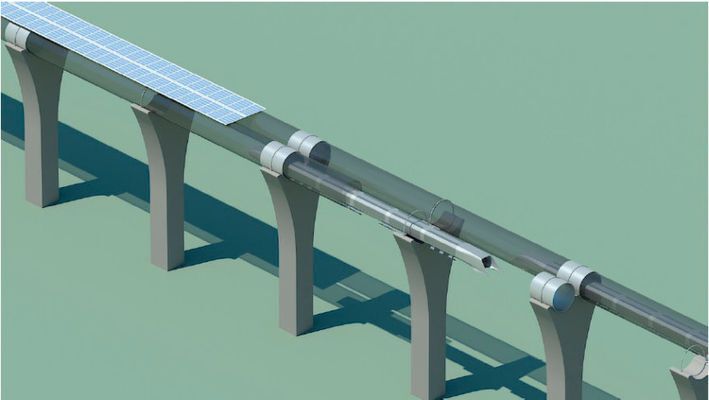 Das HYperloop-Konzept, wie Elon Musk es 2013 ausgelobt hat: Die elektromagnetisch angetriebende Bahn rast durch die Röhren, auf denen Solarzellen die Energie bereitstellen. (SpaceX)