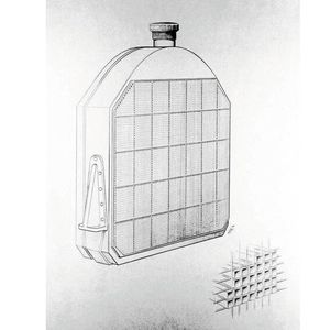 Darstellung des von Wilhelm Maybach entwickelten Bienenwabenkühlers, der zum ersten Mal im Mercedes 35 PS zum Einsatz kommt. Die Leistungssteigerung gegenüber den Vorgängertypen wird zum Teil erst durch den besonders effizienten Bienenwabenkühler ermöglicht. Die hier abgebildete oben abgerundete Kühlerform entspricht der ab 1903 verwendeten Ausführung. (Bild:  Mercedes-Benz)