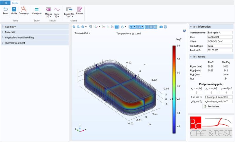 Die maßgeschneiderte App von BE CAE & TEST zur Bewertung der bakterienabtötenden Wirkung in Konserven, mit einer speziell angepassten Geometrie einer rechteckigen Blechdose, in der Thunfisch analysiert wird.  (Bild: BE CAE & Test)