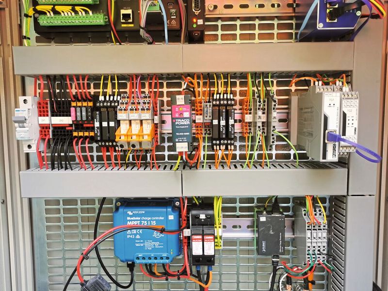 Schaltschrank mit drei Rifline-Koppelrelaismodulen auf der mittleren Hutschiene, davon zwei mit Zeitbausteinen. (Bild: Geopraevent)