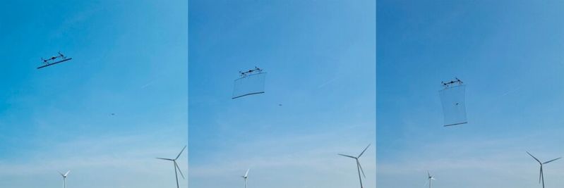 The interceptor drone on its approach: First, the net is deployed, then the intruder is captured.(Image: Martin Henriquez Wehr/University of Würzburg)