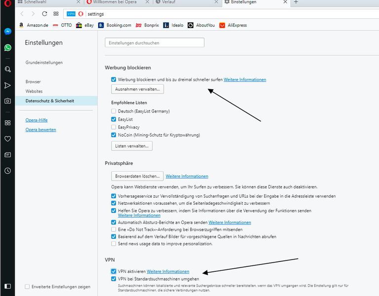 Opera Portable bietet einen integrierten Werbeblocker und VPN-Dienst. (Thomas Joos)