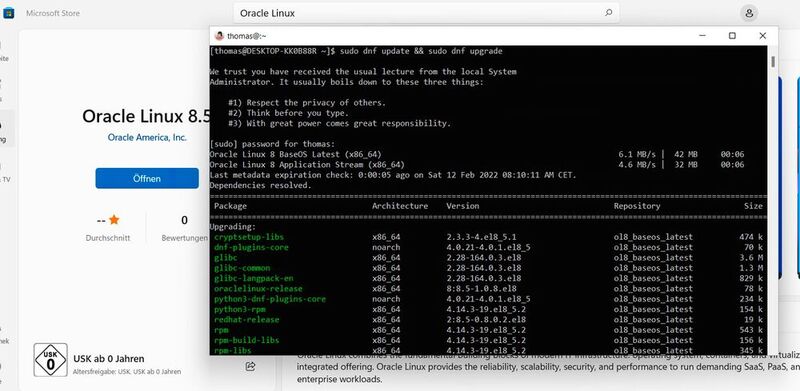 Oracle Linux lässt sich leicht in WSL installieren und als Basis von Oracle Database Express Edition nutzen. (Bild: Joos (Screenshot))