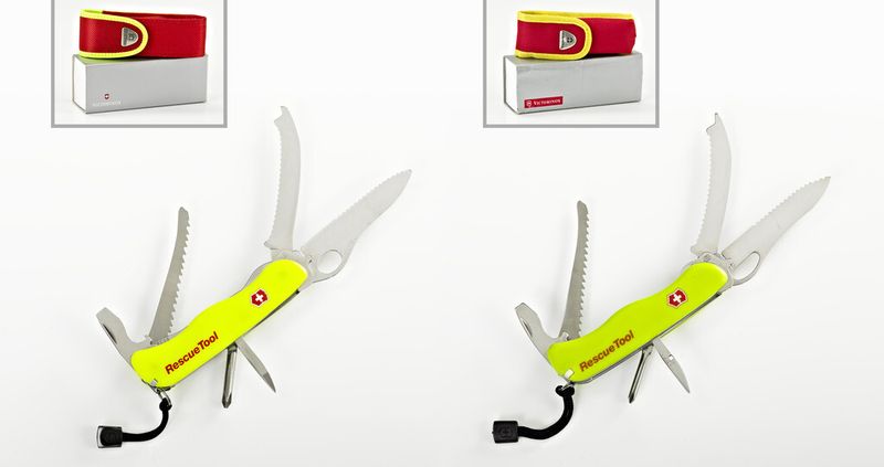Einen Sonderpreis Fälschung erhält das Taschenmesser Victorinox Rescue Tool. Links das Original der Victorinox AG, Ibach-Schwyz, Schweiz; rechts die Fälschung von unbekannt (Fälschung wurde über das Internet angeboten; Hersteller und Händler sind nicht zu ermitteln). (Bild: Plagiarius e.V.)