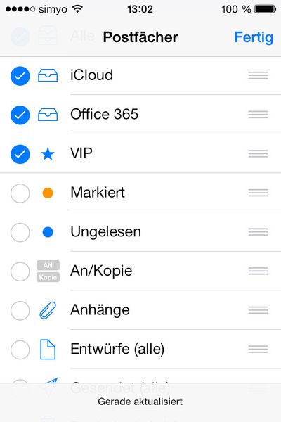 Abbildung 6: Um ungelesene, markierte, oder E-Mails mit Anhängen in eigenen Ordnern anzuzeigen, klicken Sie in der Mail-App in der Ansicht Postfächer auf 