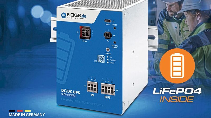 DC-Notstromversorgungslösung «Made in Germany» Bicker UPSI-2415DP3 (24V / 15A / 360W) mit integriertem LiFePO4-Hochleistungsbatteriepack und USB-C- / RS485-Modbus-Schnittstellen.(Bild:  Bicker)