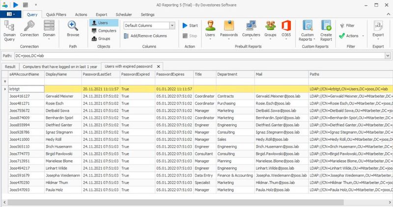 Dovestones Software AD Reporting kann auch Berichte über abgelaufene Kennwörter in Active Directory erstellen. (Bild: Joos / Infoopia Inc / Dovestones Software)