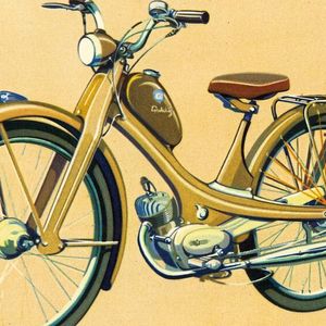 Die NSU Quickly als Werbemotiv 1953: Trotz nominal nur 1,4 PS (1 kW), später 1,7 PS (1,25 kW) ging die Quickly recht flott zur Sache und wäre obendrein bei einem Verbrauch von weniger als zwei Liter Benzin auf 100 Kilometern auch heute noch mit die sparsamste Art – und im Falle der N-Modelle auch die leichteste Art –, motorisiert zu sein. (Bild:  Audi AG)