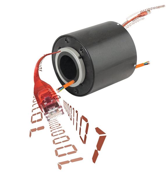 Die 1000BaseT-Ethernet-Variante des Servotecnica-Schleifringes bietet zusätzlich Stromkreise, die über einen separaten CAT6 RJ45-Anschluss verbunden werden und hohe Datenraten übertragen können. (Bild: Servotecnica)