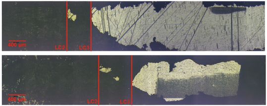 Abb.6: Oben Probe A, unten Probe B. Mit Markierungen für LC2 und LC3. (Bild:  Anton Paar)