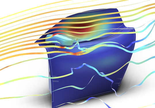 Strömung um eine Fahrzeugtür für die Analyse der Strömungs-Struktur-Wechselwirkung und strömungsinduzierten Lärm.(Bild:  Comsol)