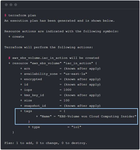 Konfigurationsbeispiel für die Provisionierung automatisch getaggter Cloud-Ressourcen via Terraform.(Bild:  Terraform/Autoren)