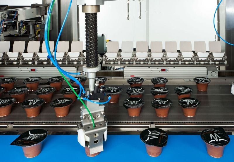 TLM-F44-Roboter einer TLM-Anlage für die Milch-Manufaktur Weißenhorner nehmen die Becher vom Produktband auf und setzen sie auf das Gruppierband ab. Im Hintergrund: Transmodule mit offenen Manschetten. (Bild: Frieder Daubenberg)