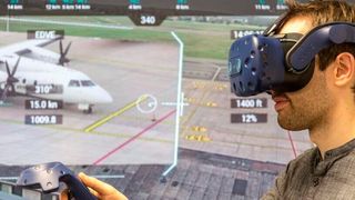 Die Kombination aus mehreren Kameras und einer Virtual-Realitiy-Brille kann auch die Zuständigkeit eines Lotsen für mehrere kleine Flugplätze ermöglichen. (DLR)