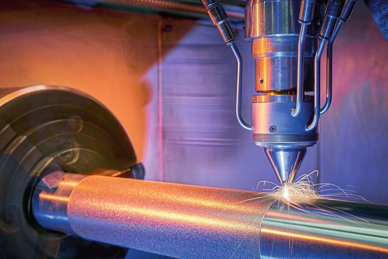 Eine Drehbank wird durch Integration von Laserstrahlquelle, EHLA-Bearbeitungskopf und Pulverzufuhrsystem zur extrem schnellen Anlage für das Laserauftragschweißen.  (Fraunhofer-ILT/Volker Lannert)