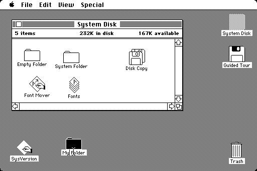 Grau, aber trotzdem ein Meilenstein: Das GUI des erste Mac (Wikimedia)