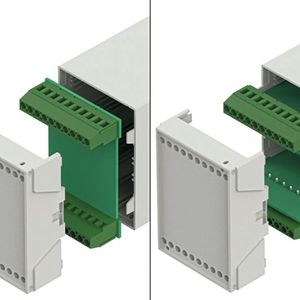 Speziell auf das Gehäuse abgestimmte Schraubklemmen unterstützen zwei verschiedene Einbausituationen für Leiterplatten: horizontal eingeschoben und parallel zur Gehäusefront montiert. (Bild:  Bopla)