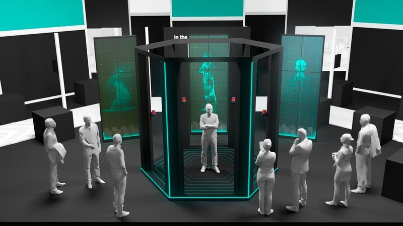 Sechs LiDARSensoren der Baureihe R2000 scannen den Messebesucher von Kopf bis Fuß. Mit den daraus entstandenen 3D-Daten wird sofort mit dem eigenen Abbild ein individualisiertes Messemagazin produziert, das der Besucher direkt mit nach Hause nehmen konnte.  (Pepperl+Fuchs)
