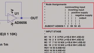 Bild 3: OPV-Modell mit Pinbelegung und Beschreibungen. (Bild: ADI)