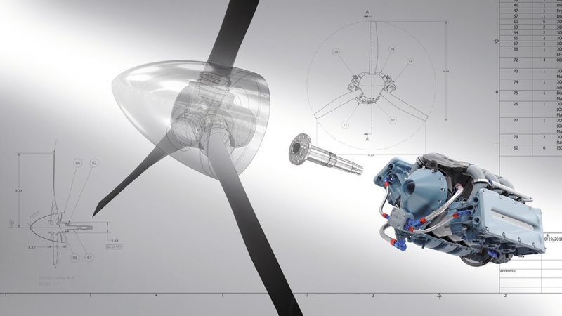 Rendering eines Flugzeugmotors mit einer DWG-Zeichnung im Hintergrund (Bild: ADEPT Airmotive (Pty) Ltd.)