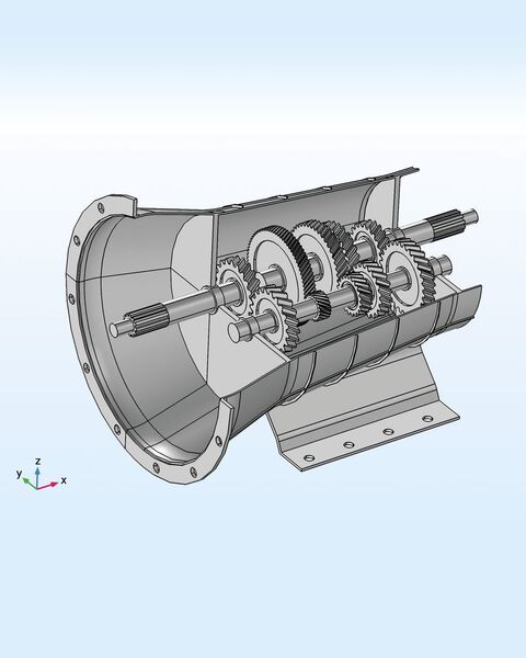 Abbildung 1: Modellgeometrie eines 5-Gang-Synchromesh-Getriebes für ein Fahrzeug mit Handschaltung. Nur die zur Betrachtung in der Mehrkörperanalyse ausgewählten Teile des Getriebes sind abgebildet. (Comsol)